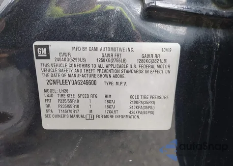 2010 Chevrolet Equinox Lt z USA, uszkodzony, nr VIN 2CNFLEEY0A6246600